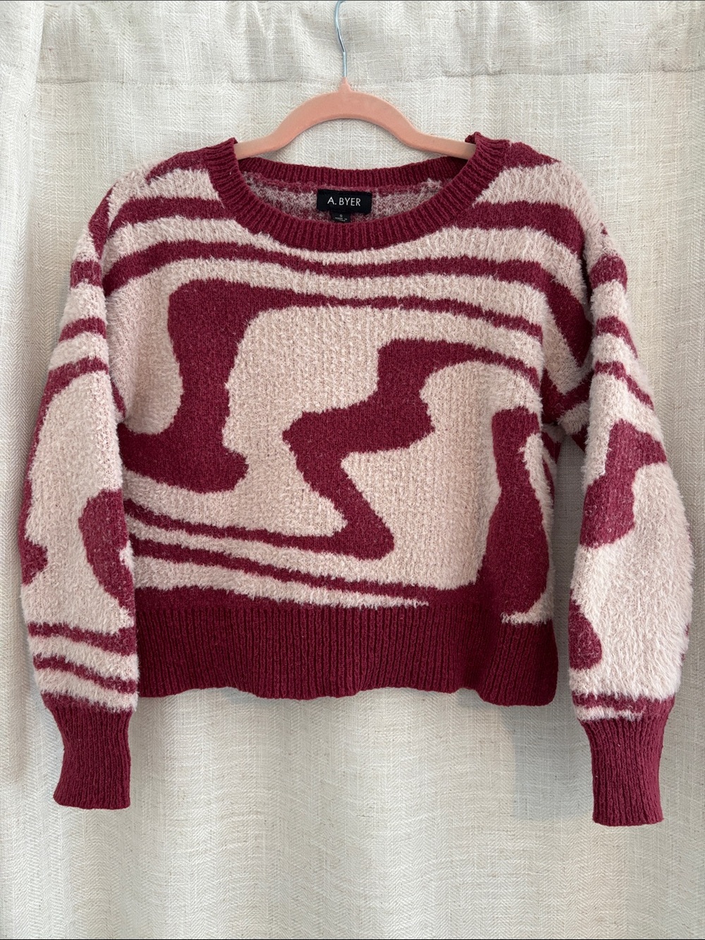 A. Byer Maroon and Light Pink Abstract Crewneck Sweater